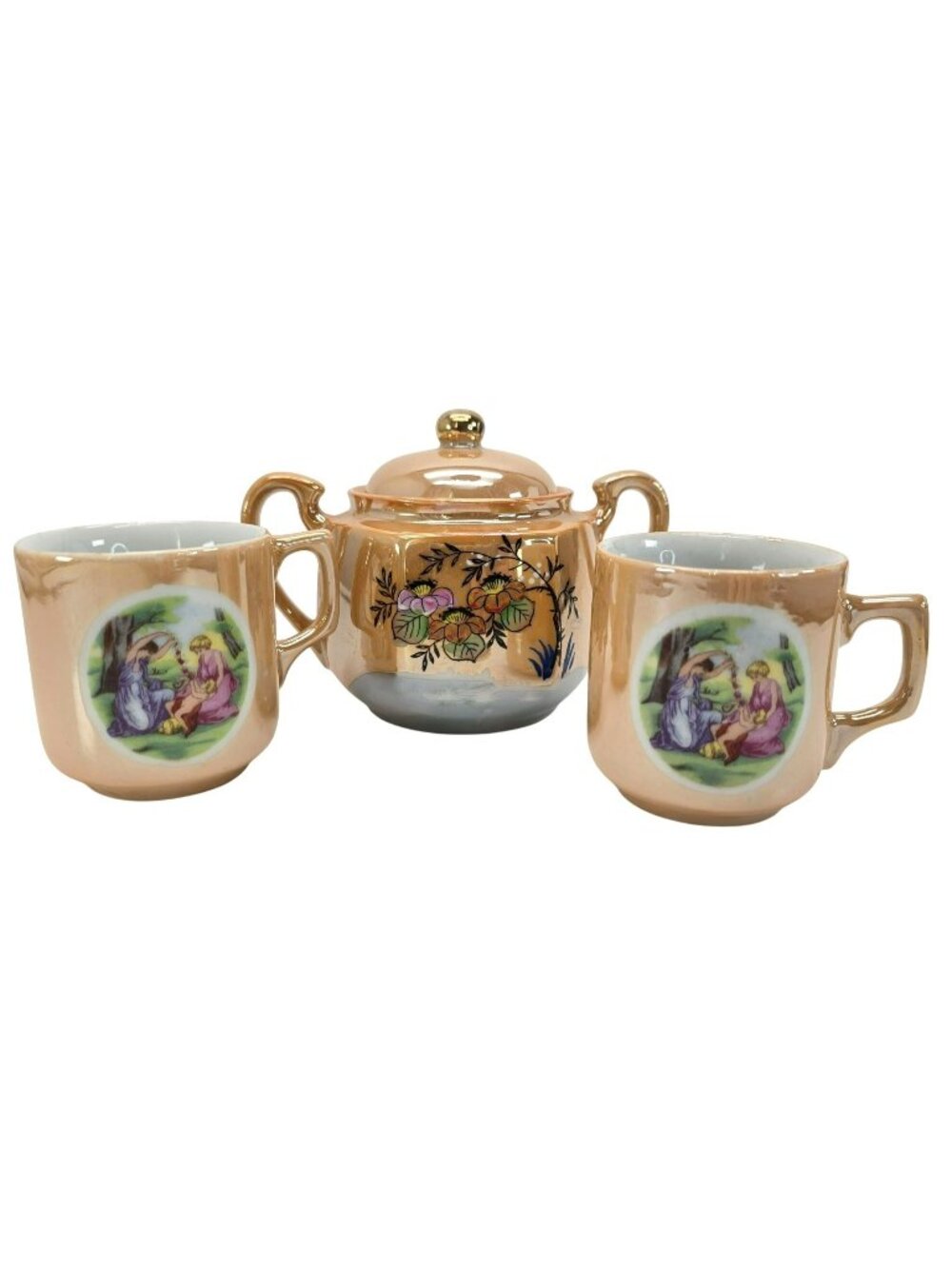 Vintage Japanese Lusterware Tea Set With Floral & Laurel Leaf Farm Scene JE111